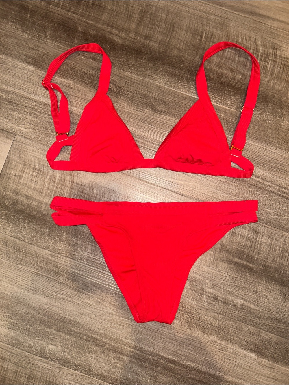 Women’s Red Ribbed Cutout Triangle Bikini Set